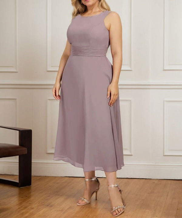 A-line Scoop Tea-Length Chiffon Mother of the Bride Dress With Pleated