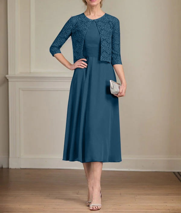 A-line Scoop Tea-Length Chiffon Mother of the Bride Dress With Pleated