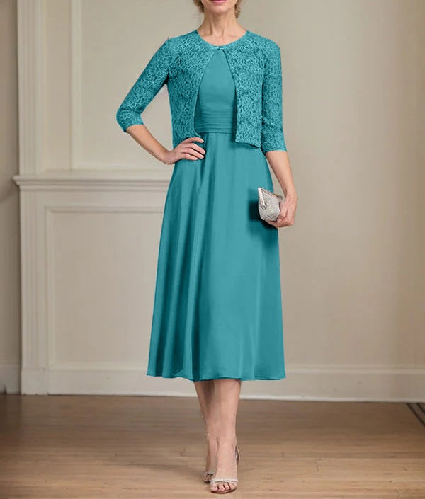 A-line Scoop Tea-Length Chiffon Mother of the Bride Dress With Pleated