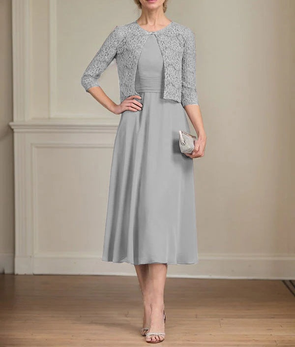 A-line Scoop Tea-Length Chiffon Mother of the Bride Dress With Pleated