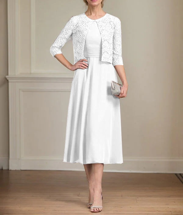 A-line Scoop Tea-Length Chiffon Mother of the Bride Dress With Pleated