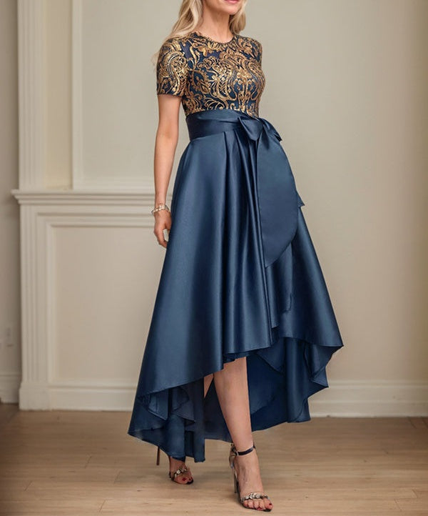 A-line Scoop Asymmetrical Satin Sequin Lace Mother of the Bride Dress With Bow