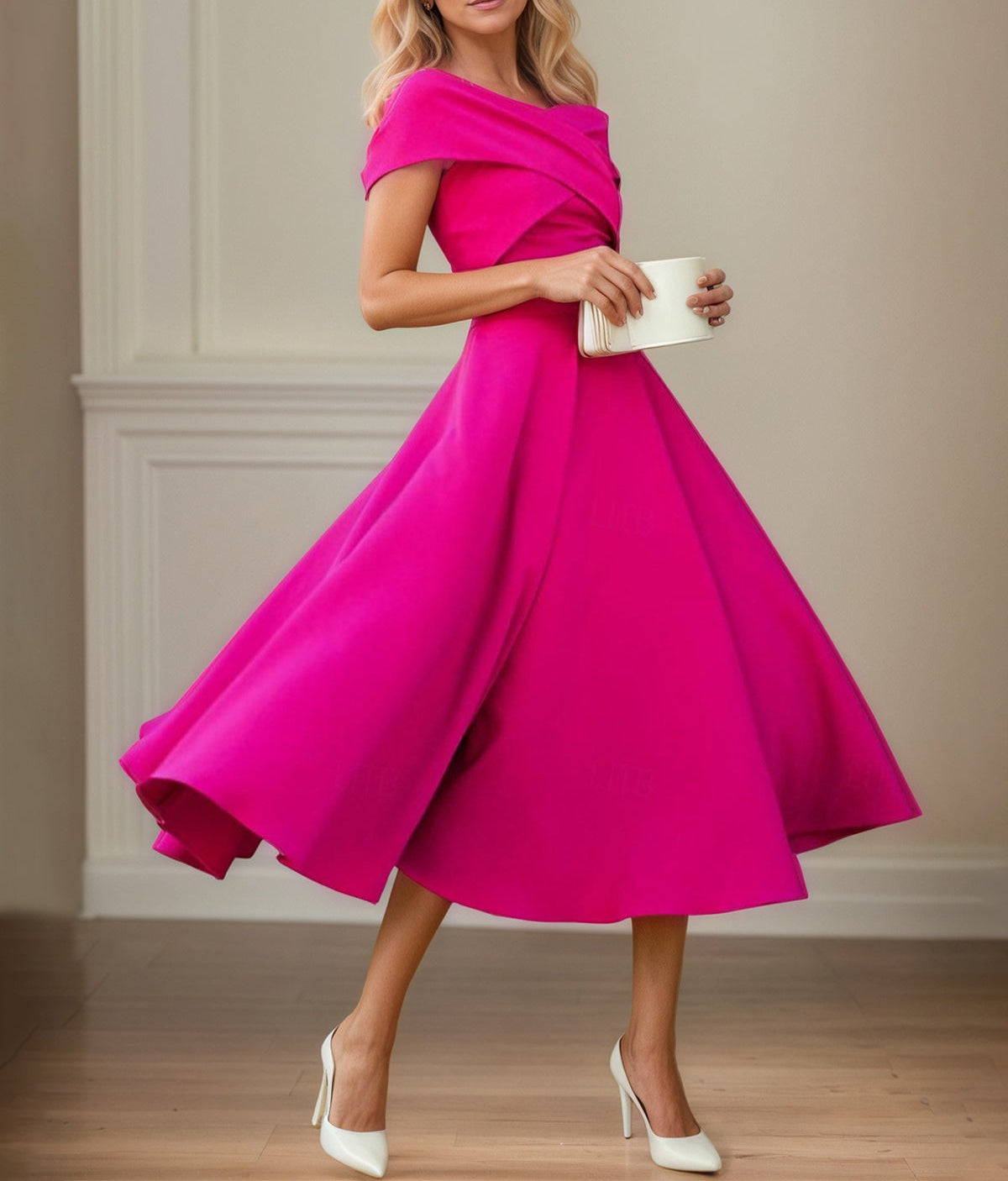 Fuchsia Stretch Crepe A Line Off The Shoulder Short Sleeves Tea Length Mother of the Bride Dresses