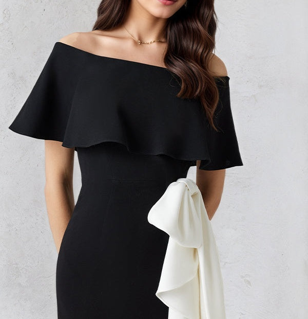Sheath/Column Off The Shoulder Asymmetrical Length Dress With White Ruffles