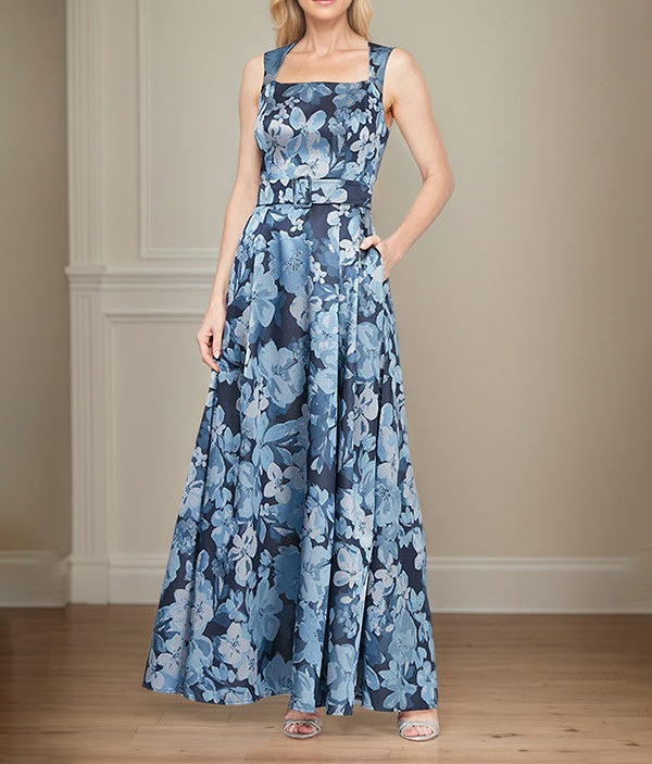 A-Line Square Neckline and Structured Belt Satin Floral Mother of the Bride Dress
