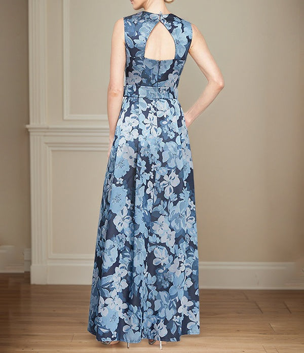 A-Line Square Neckline and Structured Belt Satin Floral Mother of the Bride Dress
