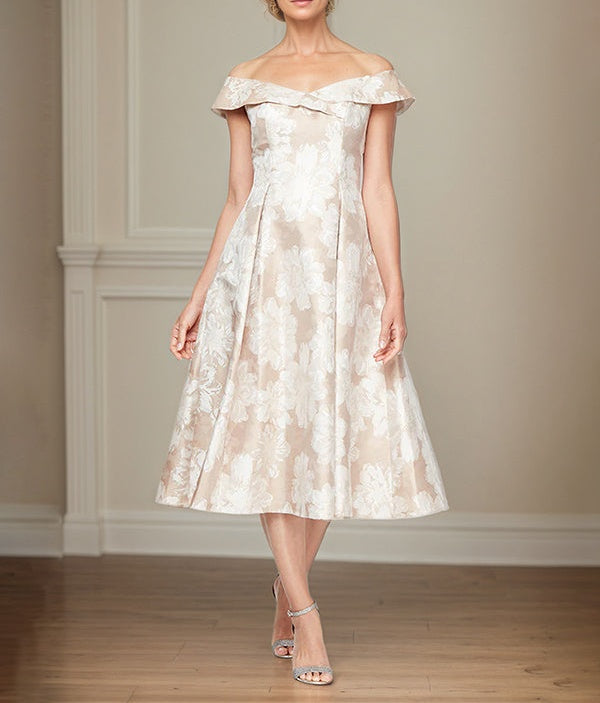 A-Line Off the Shoulder Champagne Satin Floral Mother of the Bride Dress