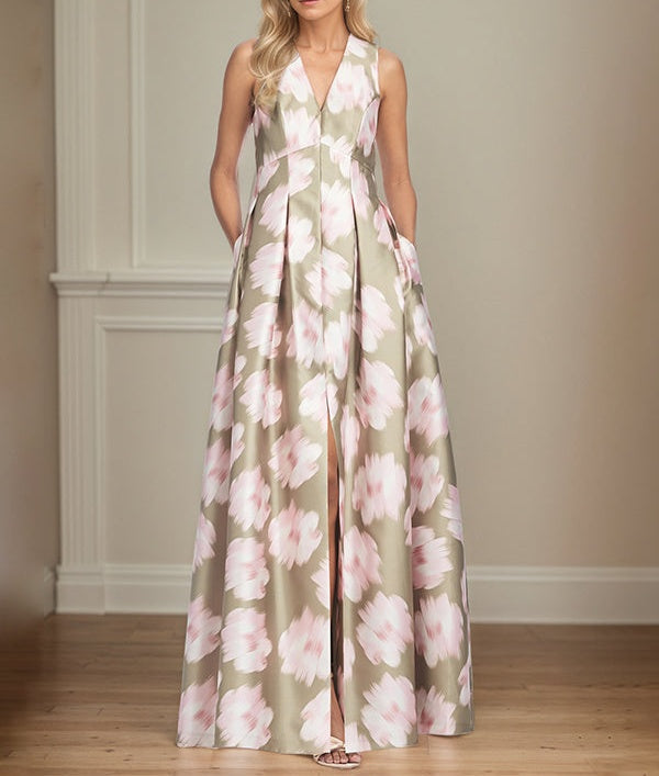 A-Line V-Neck Pink Floral Mother of the Bride Dress