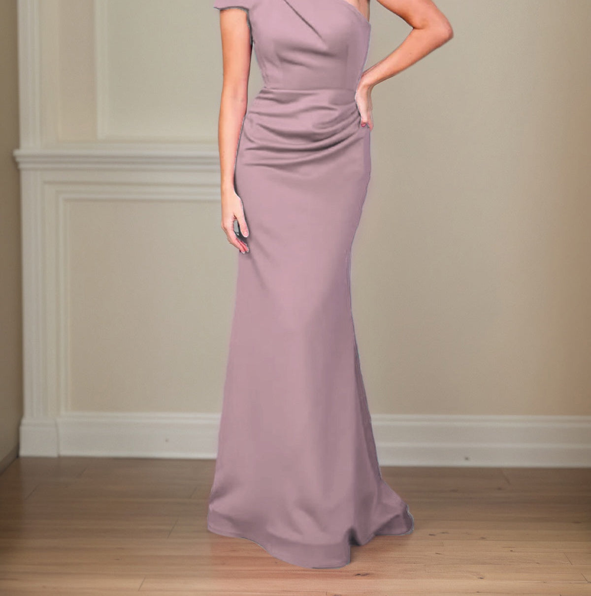 Satin Sheath/Column One Shoulder Short Sleeves Floor Length Mother of the Bride Dresses