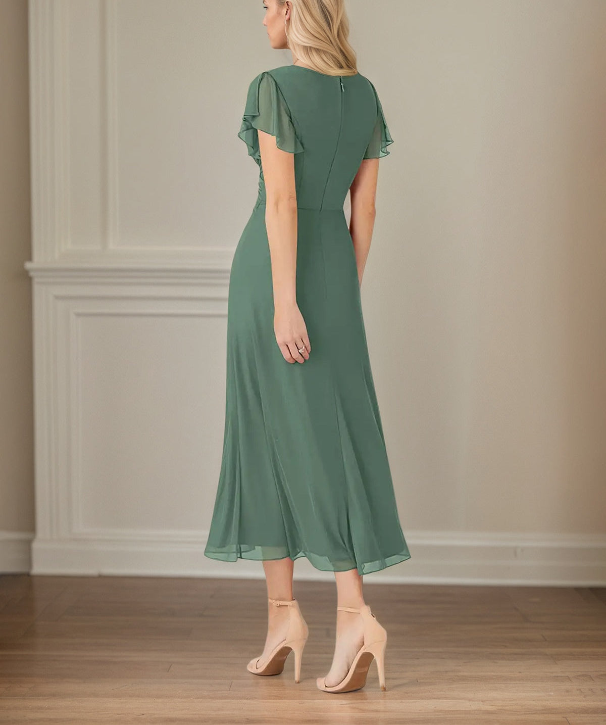 Green A Line Chiffon V Neck Short Sleeves Tea Length Mother of the Bride Dresses