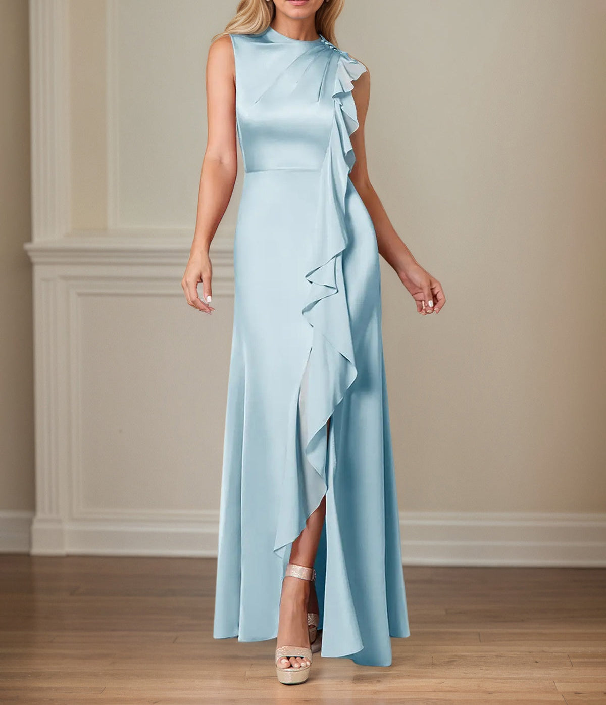 Sky Blue A Line Satin High Neckline Sleeveless Floor Length Mother of the Bride Dresses