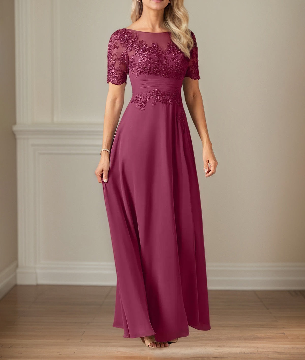 A Line Chiffon Scoop Neck Short Sleeves Floor Length Mother of the Bride Dresses With Appliques