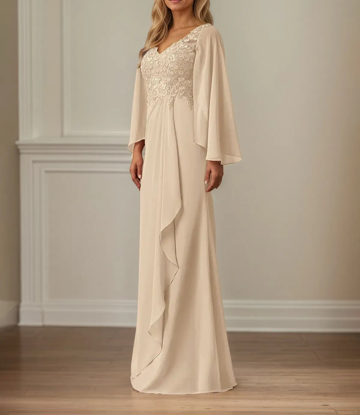 Sheath/Column Chiffon V Neck Long Sleeves Floor Length Mother of the Bride Dresses With Appliques
