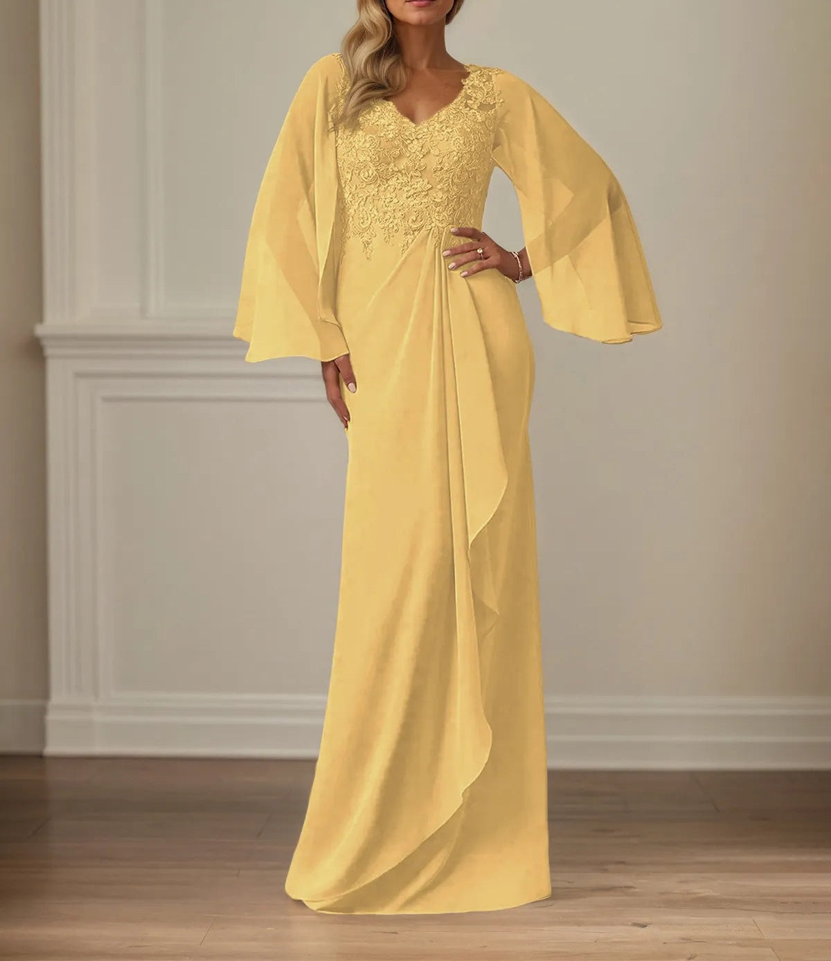 Sheath/Column Chiffon V Neck Long Sleeves Floor Length Mother of the Bride Dresses With Appliques