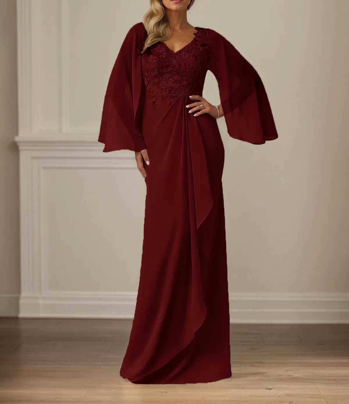 Sheath/Column Chiffon V Neck Long Sleeves Floor Length Mother of the Bride Dresses With Appliques
