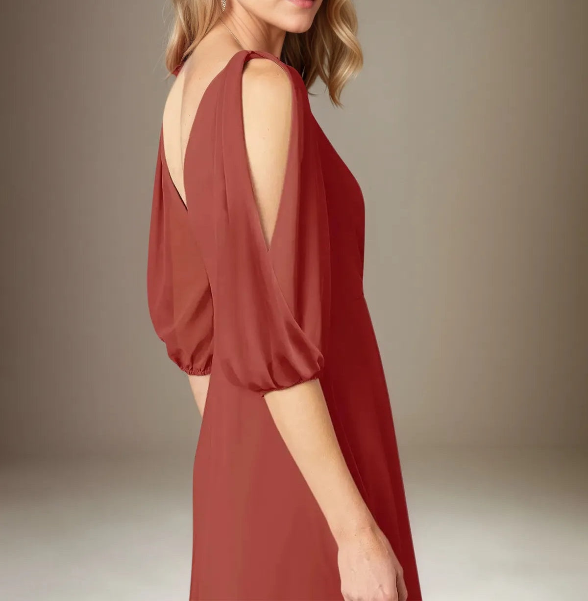 A Line Chiffon V Neck 1/2 Sleeves Floor Length Pleated Mother of the Bride Dresses
