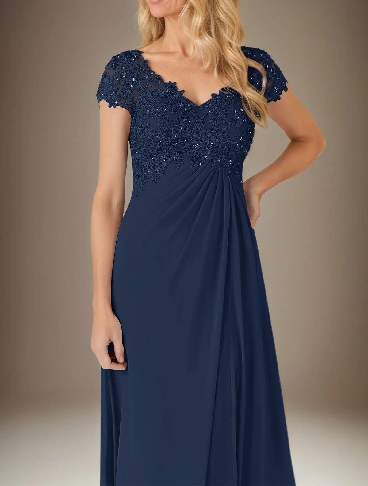 A Line Chiffon V Neck Short Sleeves Floor Length Pleated Mother of the Bride Dresses With Sequins