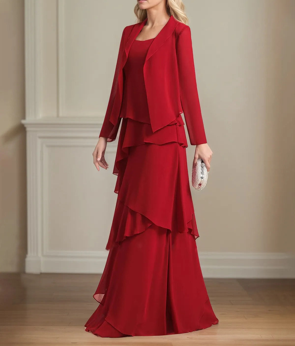 Chiffon Square Neck Sleeveless Floor Length Pleated Mother of the Bride Dresses With Jacket