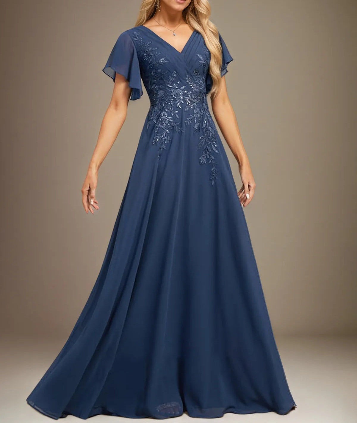 A Line V Neck Floor Length Lace Chiffon Evening Dress With Pleated Sequins