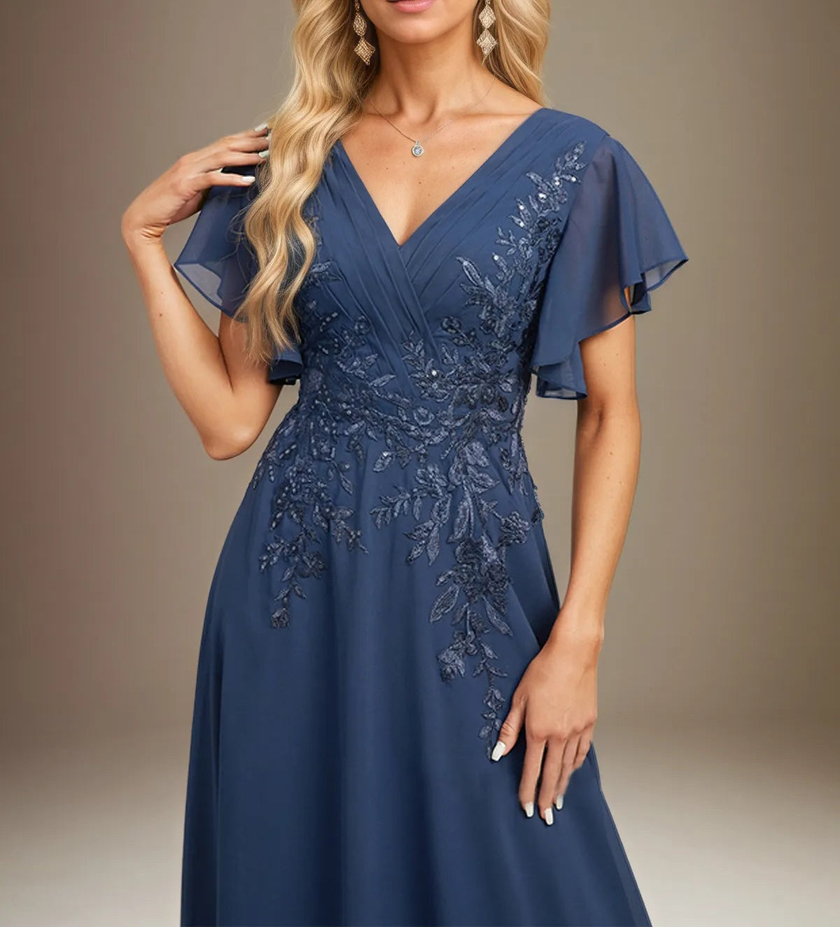 A Line V Neck Floor Length Lace Chiffon Evening Dress With Pleated Sequins