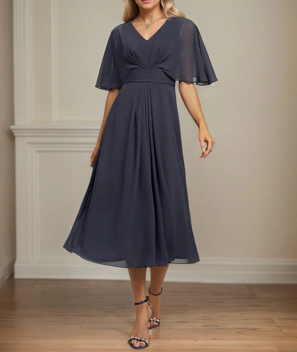 A Line V-Neck Tea-Length Chiffon Dress With Pleated