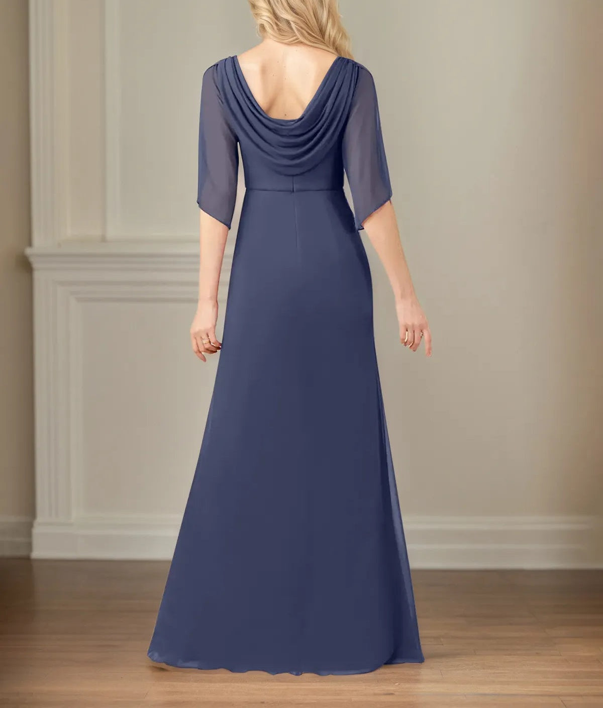 Sheath/Column Boat Neck 1/2 Sleeve Floor Length Chiffon Dress With Beadings