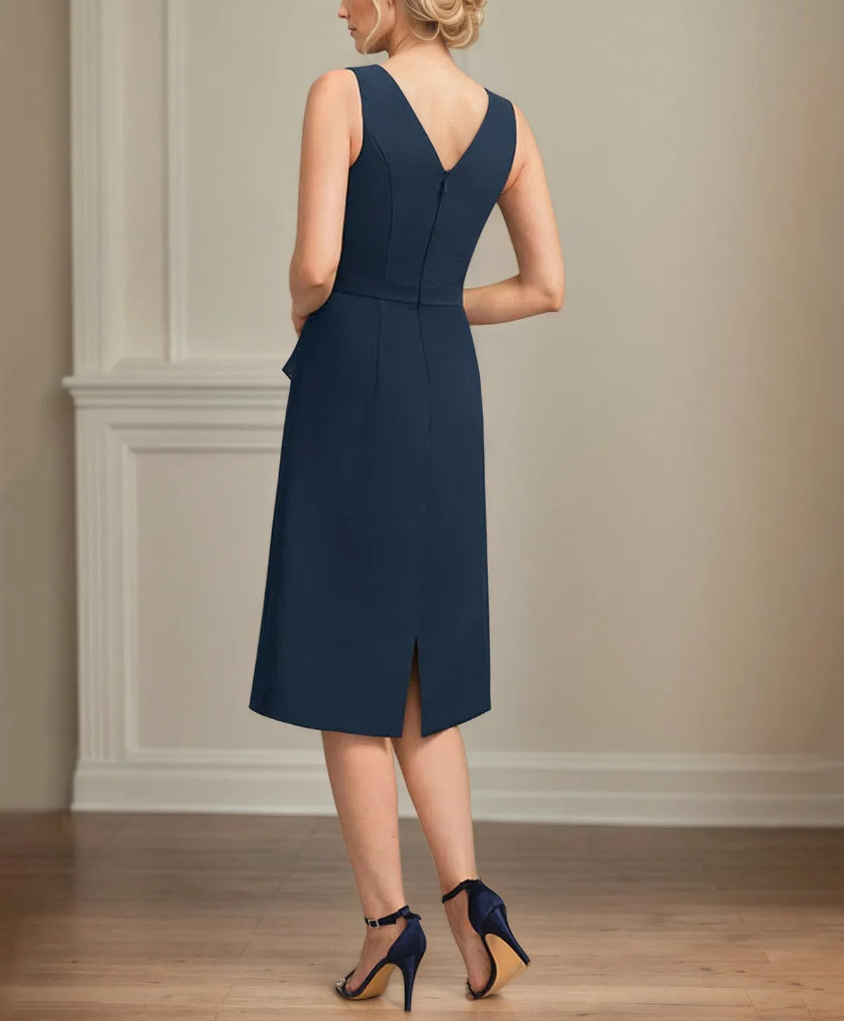 Sheath/Column Scoop Knee-Length Chiffon Mother of the Bride Dress With Cascading Ruffles Beading