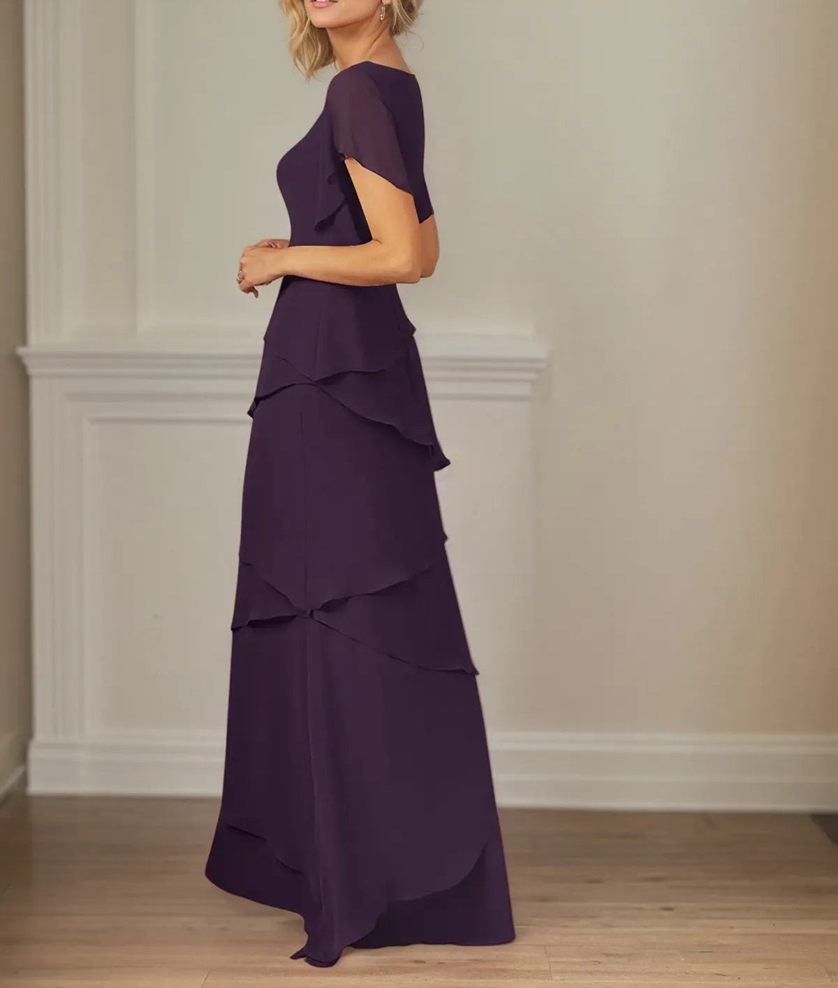 A Line V Neck Flutter Sleeve Floor Length Chiffon Mother of the Bride Dress
