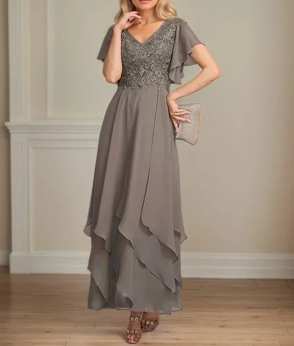 A Line V Neck Short Sleeve Chiffon Mother of the Bride Dress With Ruffles