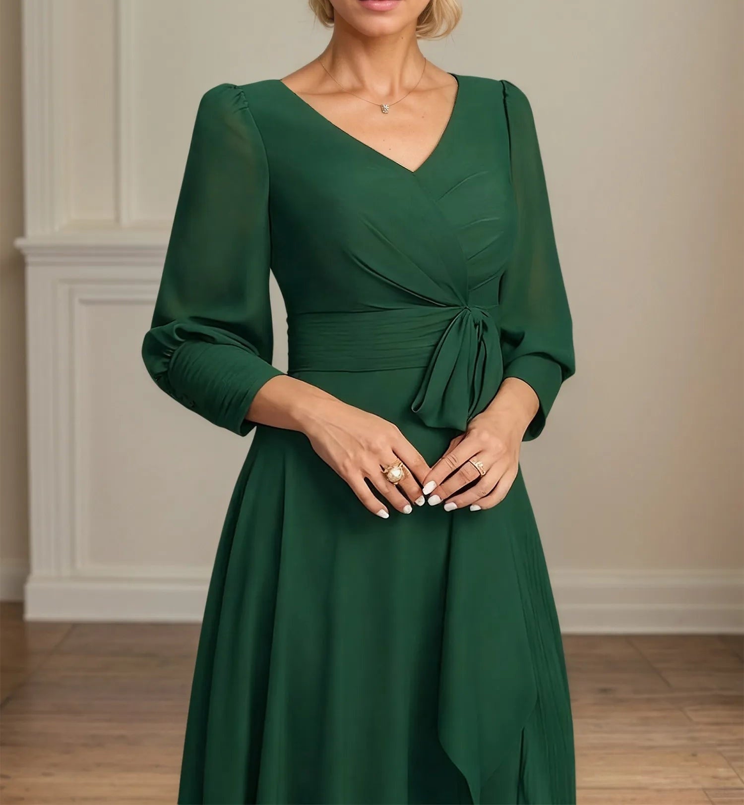 A-line V-Neck Asymmetrical Chiffon Mother of the Bride Dress With Bow Pleated