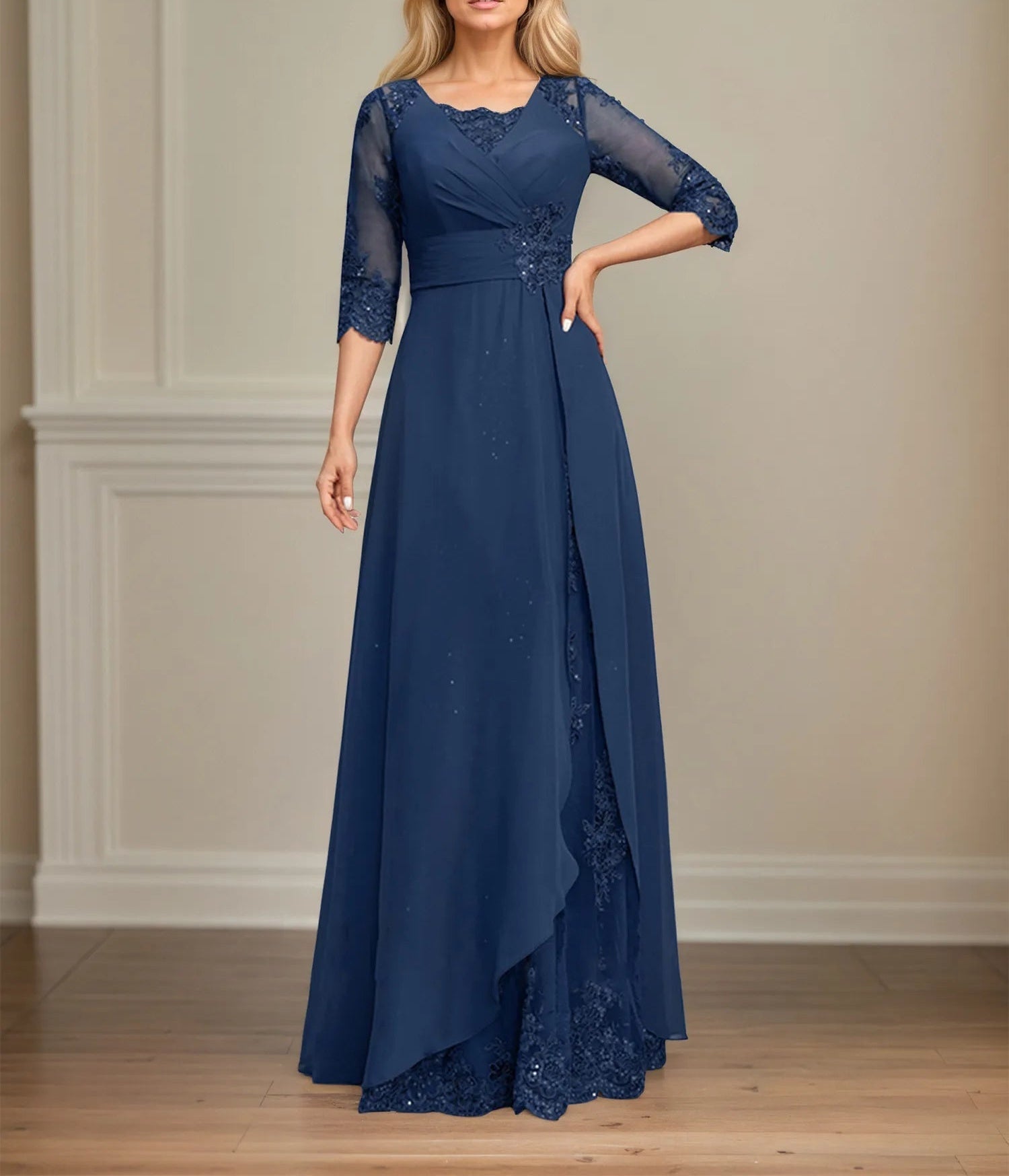 A-line Square Floor-Length Lace Chiffon Mother of the Bride Dress With Pleated Sequins