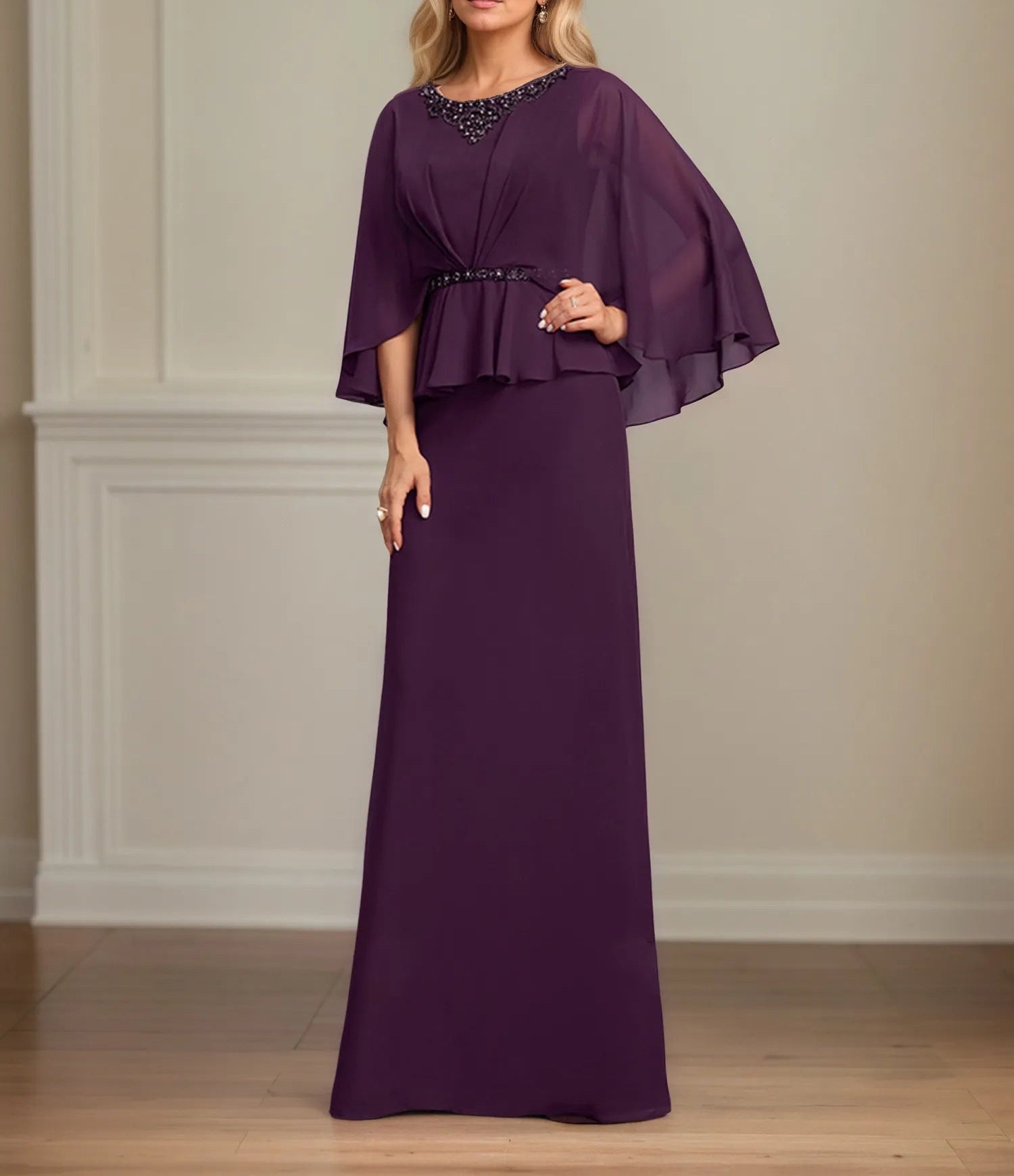 A-line Scoop Floor-Length Chiffon Mother of the Bride Dress With Pleated Sequins Beading