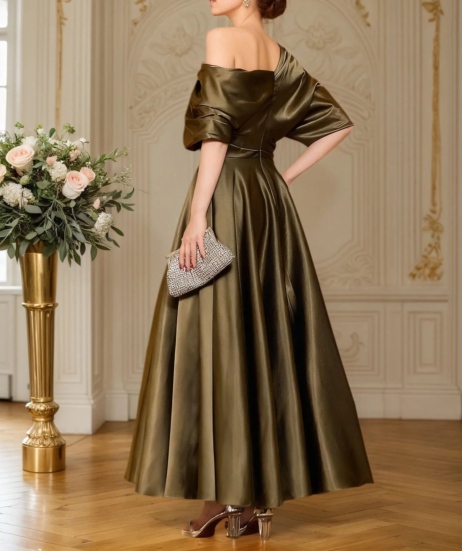 A-line Short Sleeves Pleated Ankle-Length Silk like Satin Mother of the Bride Dress