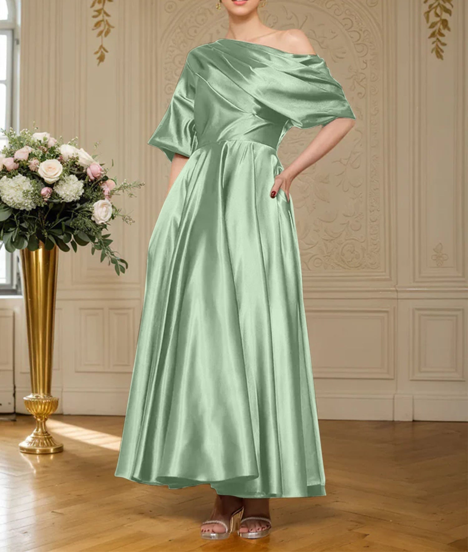 A-line Short Sleeves Pleated Ankle-Length Silk like Satin Mother of the Bride Dress