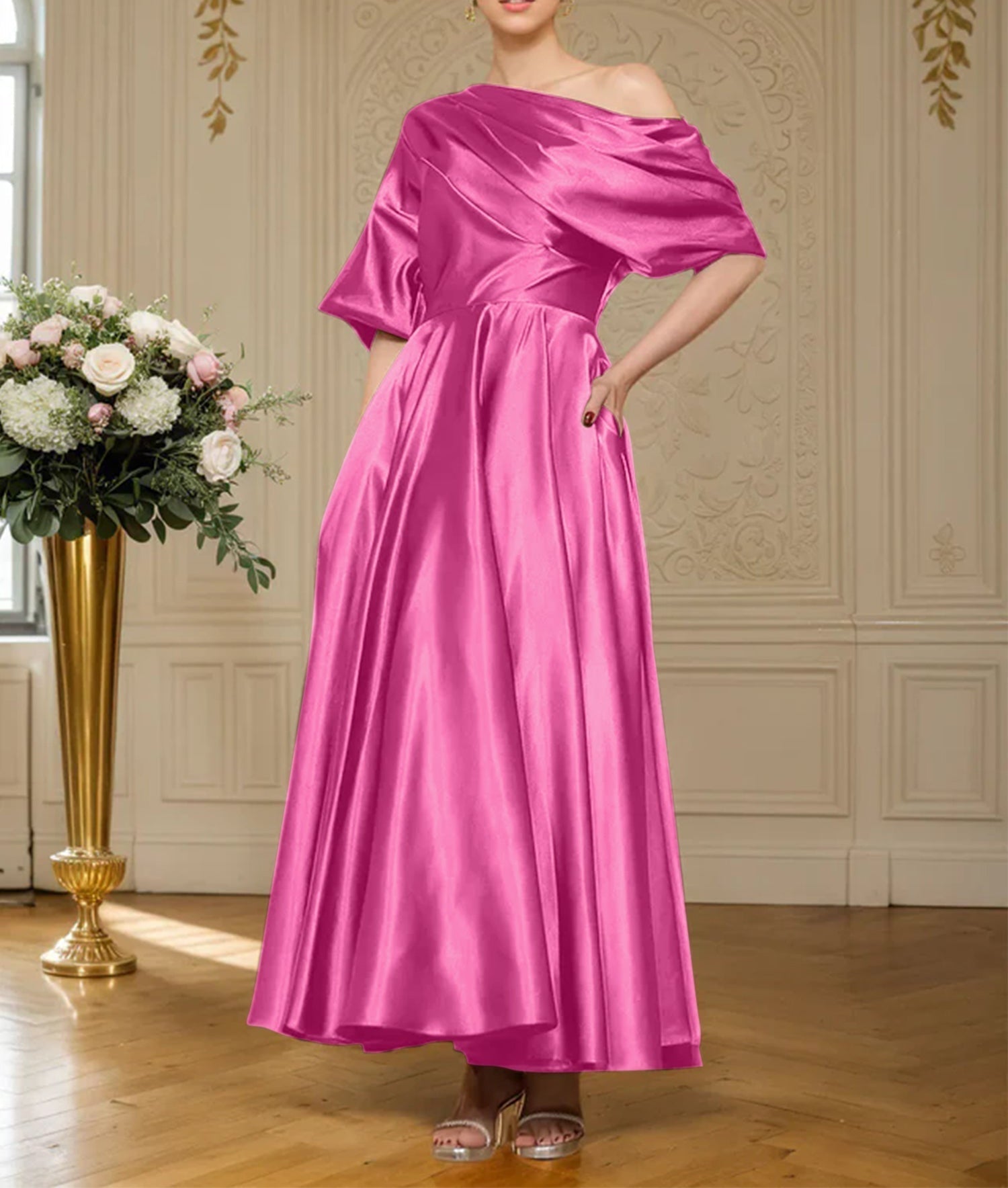 A-line Short Sleeves Pleated Ankle-Length Silk like Satin Mother of the Bride Dress