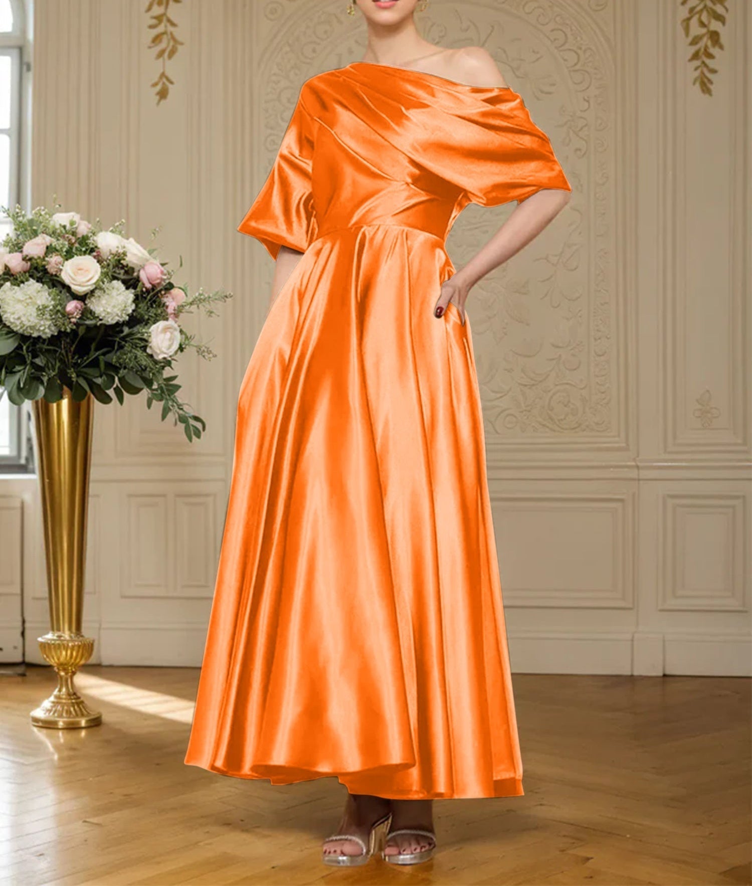 A-line Short Sleeves Pleated Ankle-Length Silk like Satin Mother of the Bride Dress