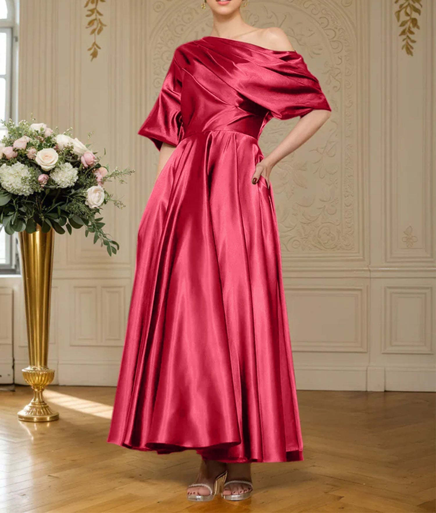 A-line Short Sleeves Pleated Ankle-Length Silk like Satin Mother of the Bride Dress