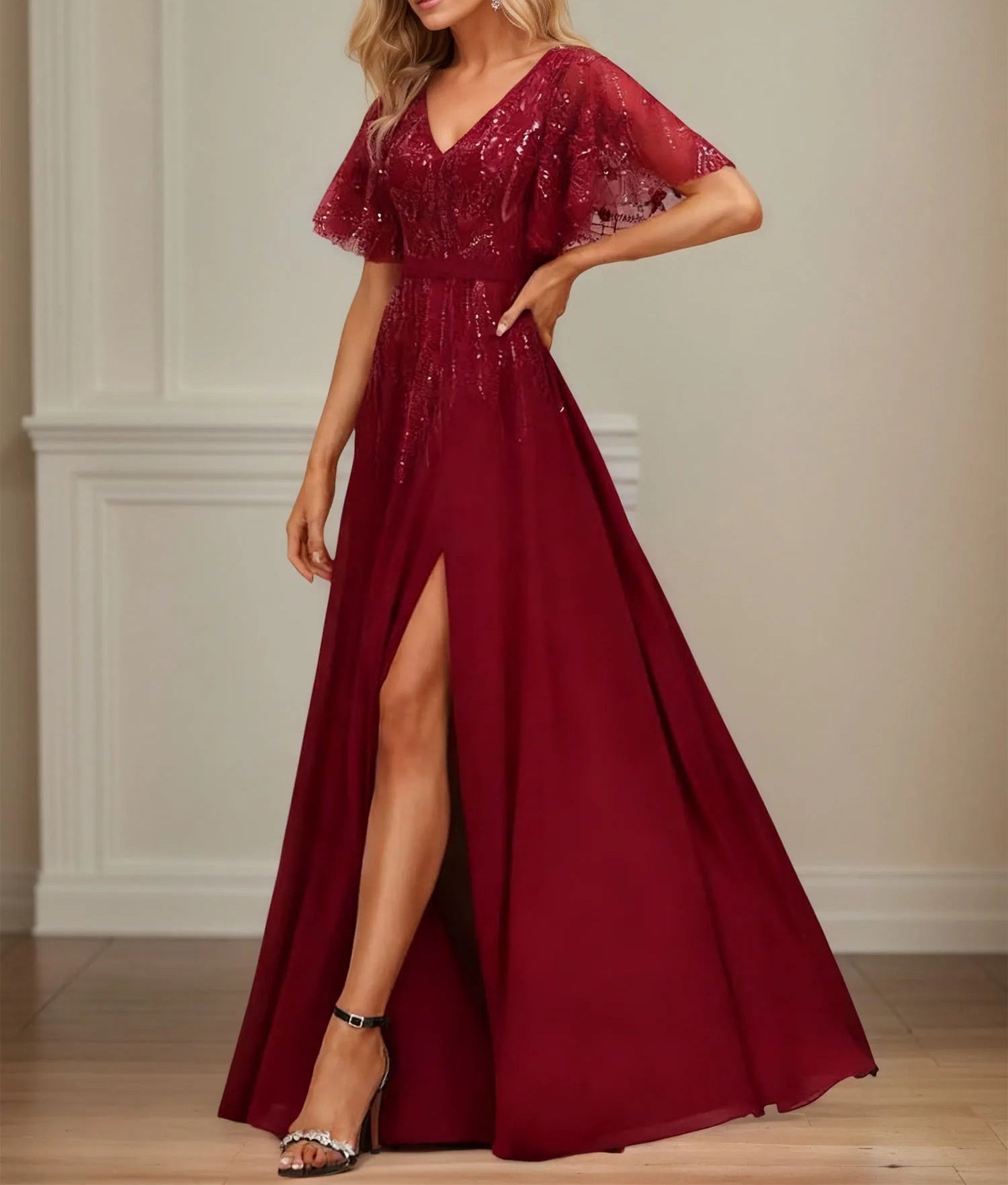 A-line V-Neck Floor-Length Lace Chiffon Evening Dress With Sequins