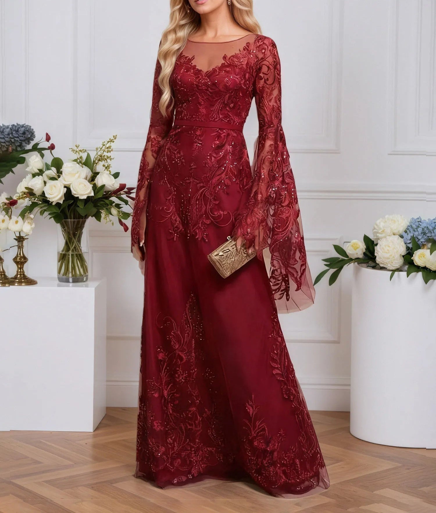 A-line Scoop Illusion Floor-Length Tulle Lace Evening Dress With Sequins