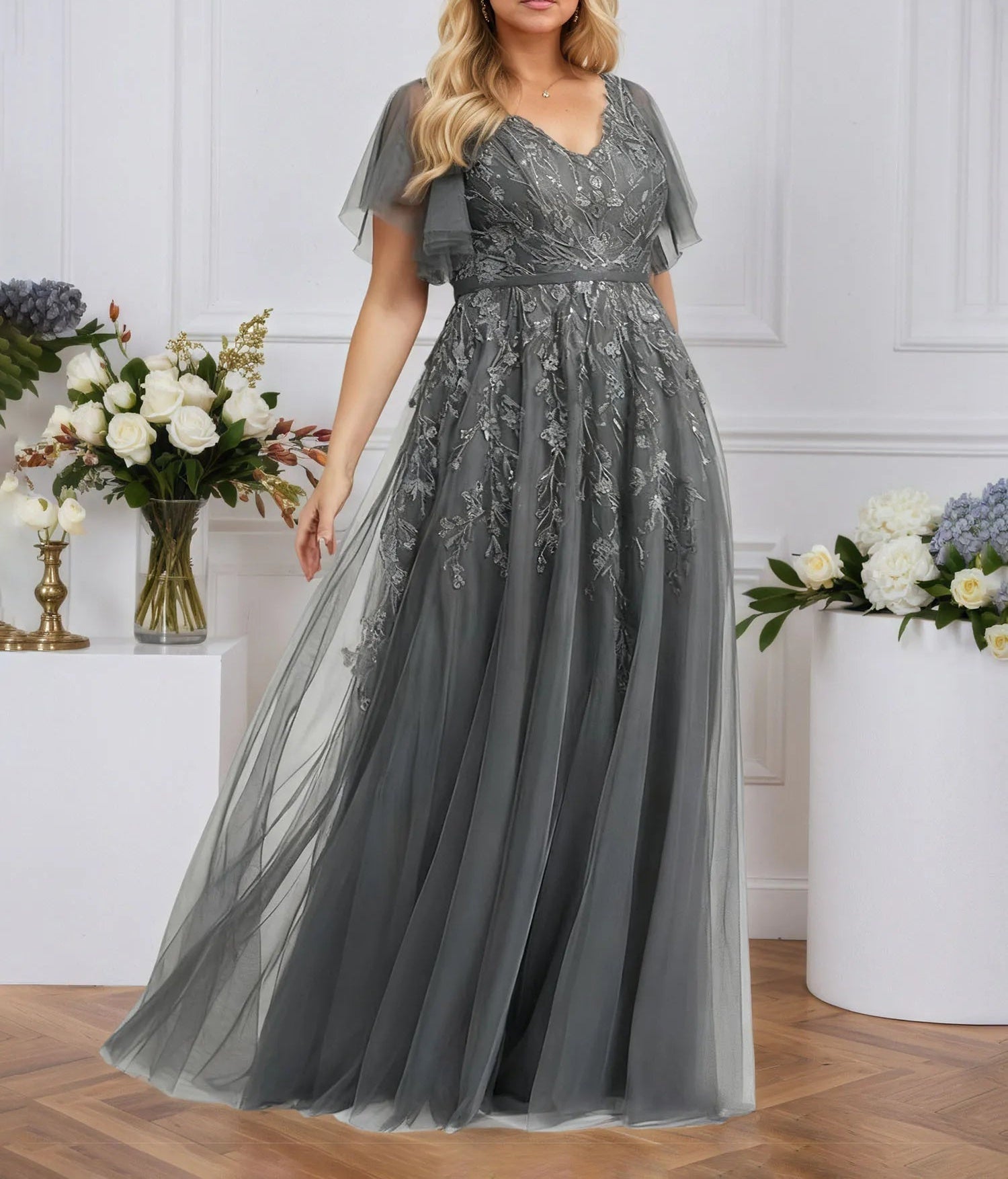 A-line V-Neck Floor-Length Tulle Lace Evening Dress With Sequins