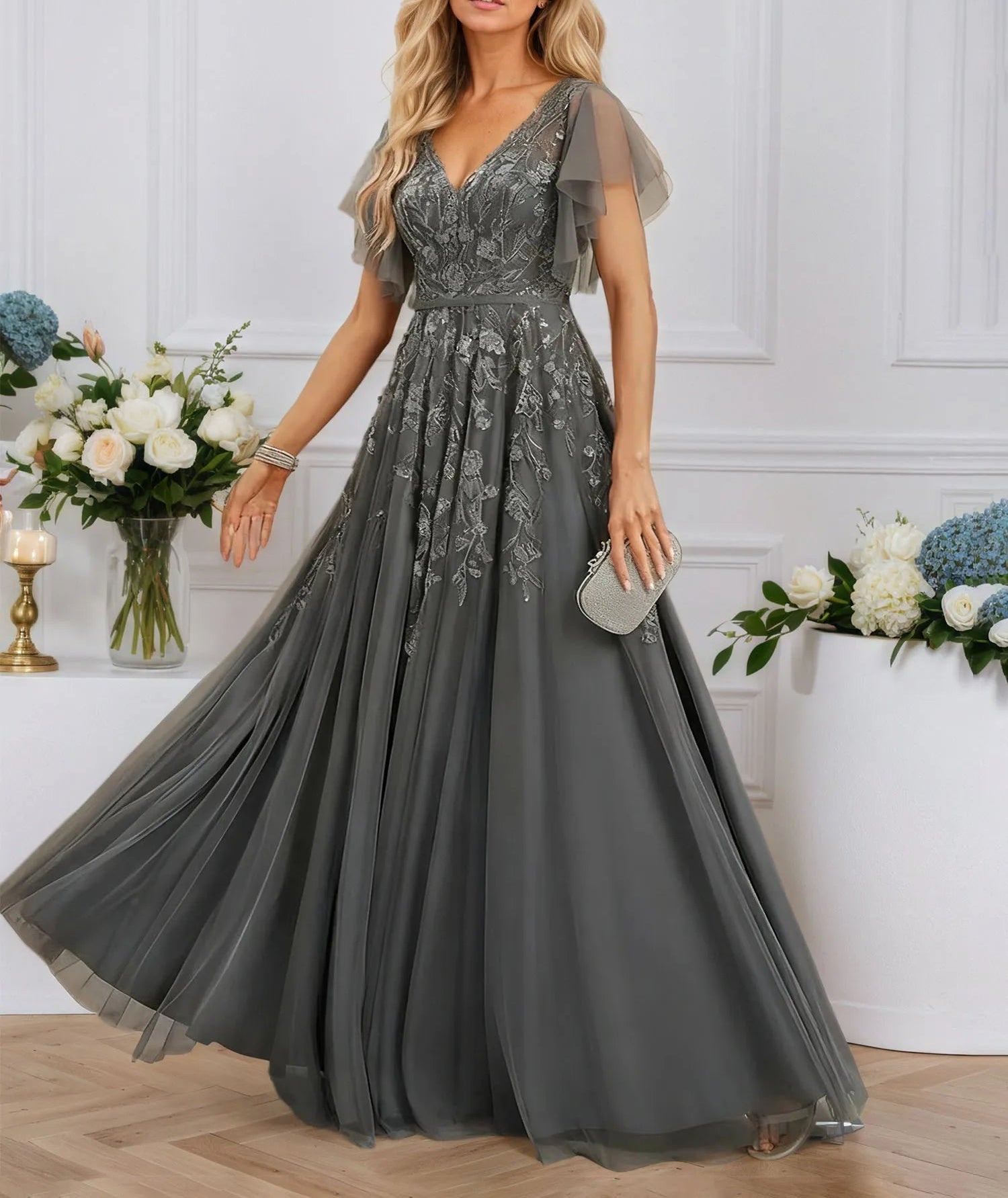 A-line V-Neck Floor-Length Tulle Lace Evening Dress With Sequins
