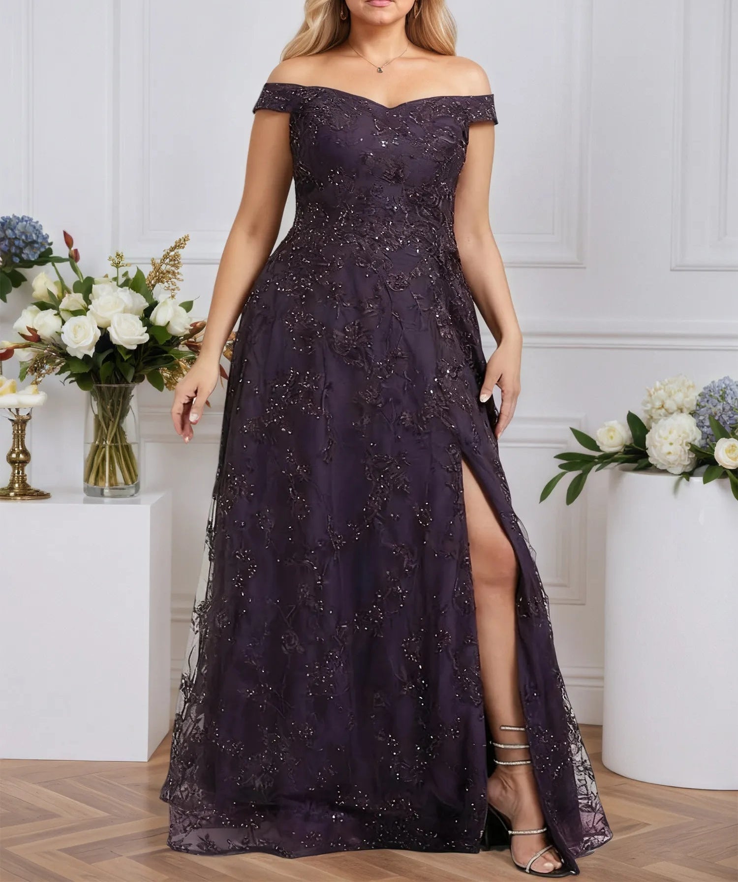 A-line Off the Shoulder Floor-Length Sequin Lace Evening Dress