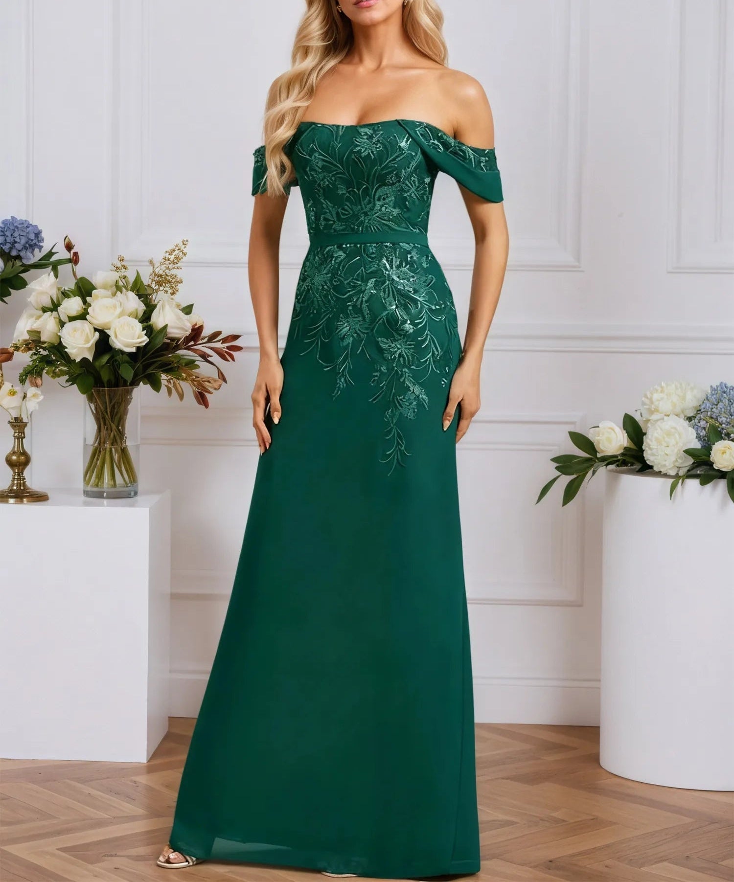 Sheath/Column Off the Shoulder Floor-Length Lace Chiffon Evening Dress With Sequins