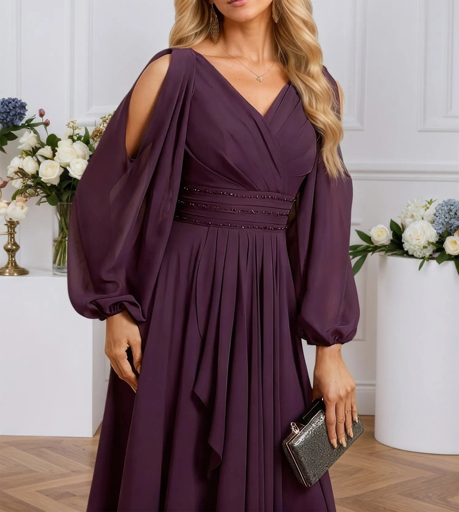 A-line Cold Shoulder V-Neck Floor-Length Chiffon Evening Dress With Cascading Ruffles Beading