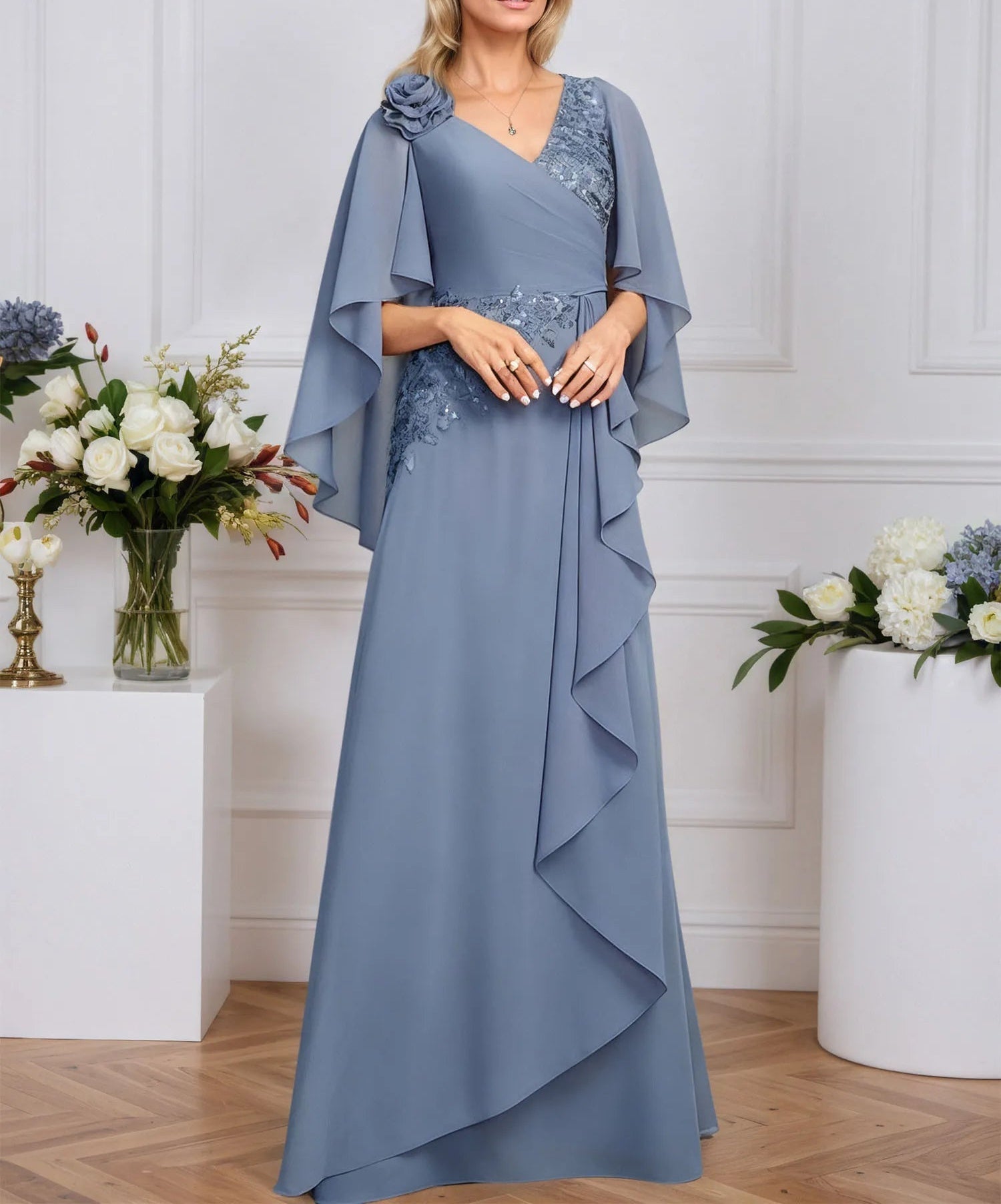 A-line V-Neck Floor-Length Lace Chiffon Mother of the Bride Dress With 3D Floral Sequins Cascading Ruffles