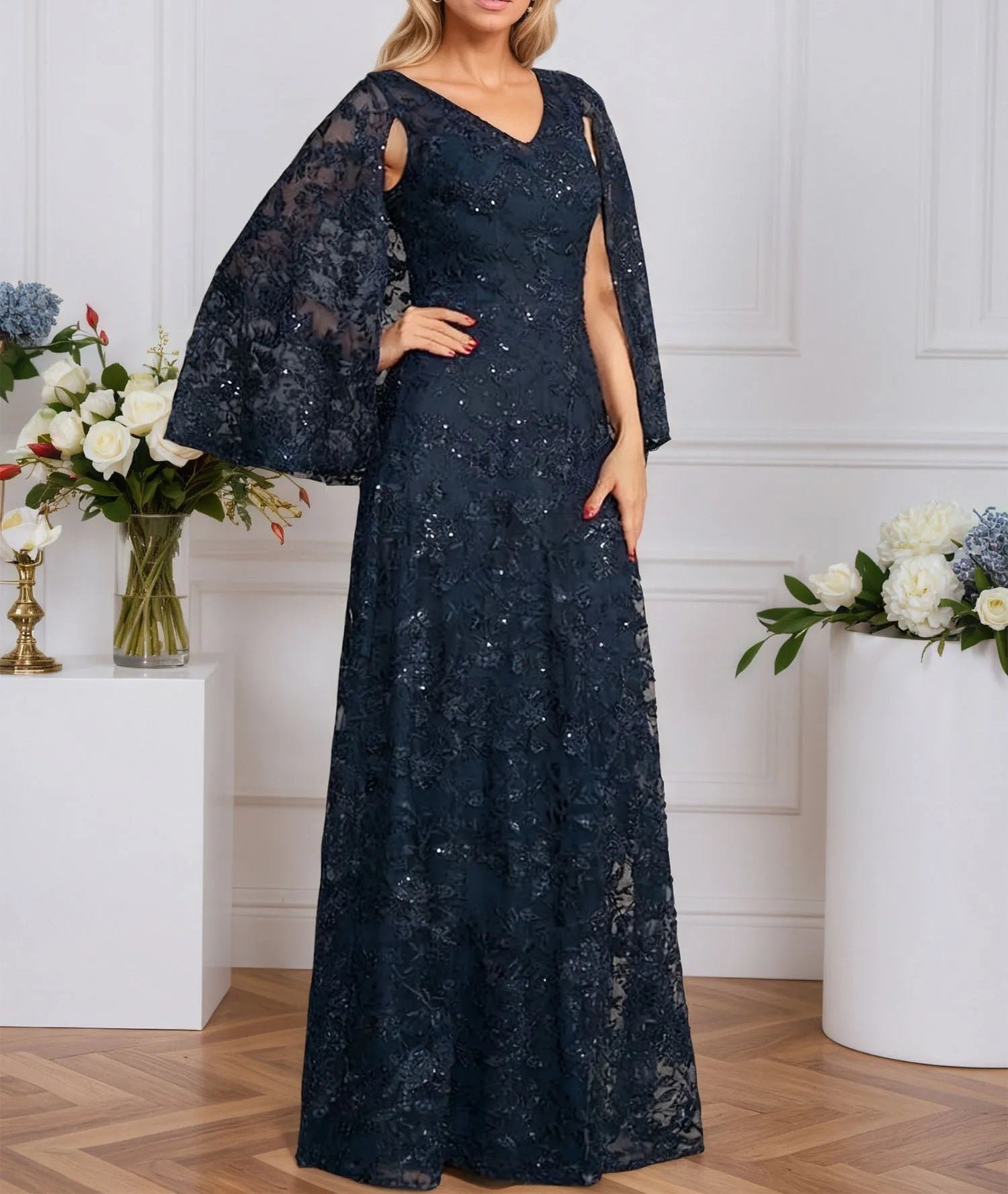 A-line V-Neck Floor-Length Lace Mother of the Bride Dress With Sequins