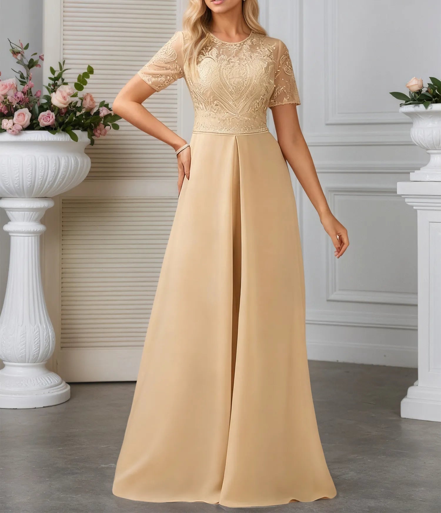 Jumpsuits Illusion Scoop Floor-Length Lace Chiffon Evening Dress With Overskirt Sequins