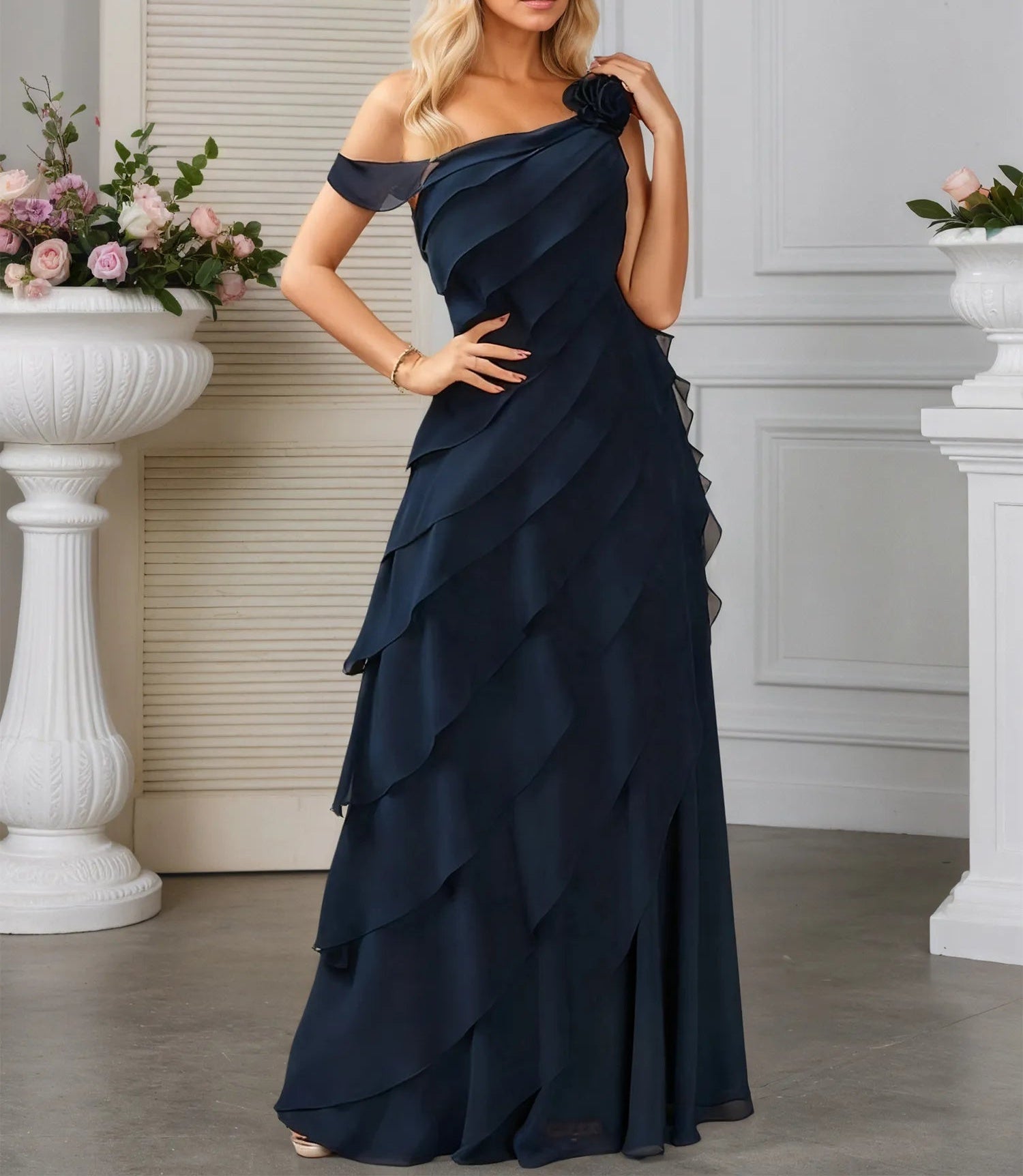 A-line One Shoulder Floor-Length Chiffon Evening Dress With Cascading Ruffles Flower
