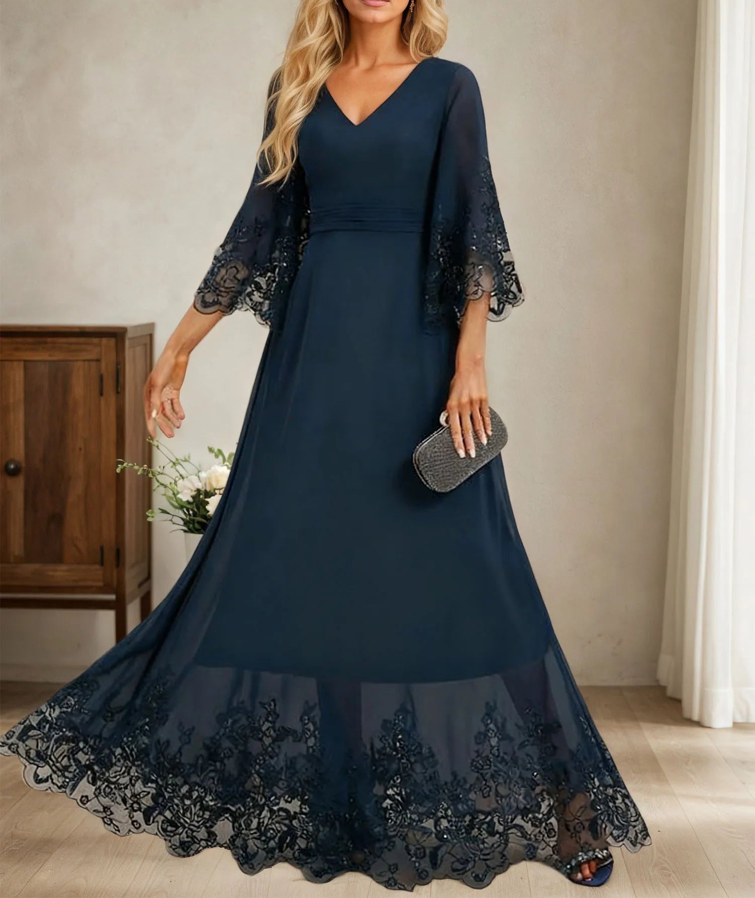 A-line V-Neck Floor-Length Chiffon Evening Dress With Pleated Sequins