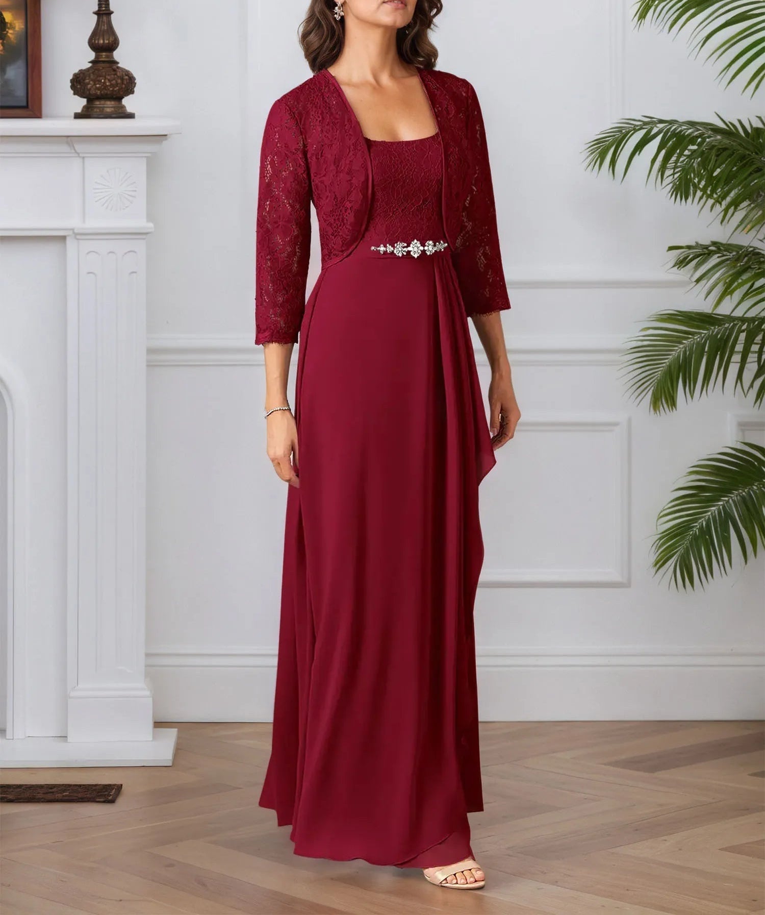 A-Line Square Neckline Lace Chiffon Mother of the Bride Dress